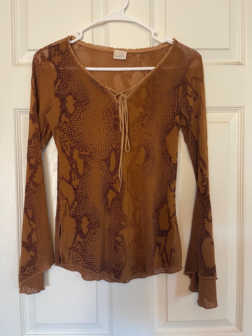 Vintage Y2K Nateli Lace Up Tied V-Neck Long Sleeve Top Animal Print Bell Sleeve